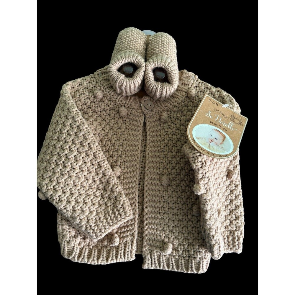 Baby Knit Sweater Booties Set 6-12 Months Photo Prop Outfit Neutral New With Tag
